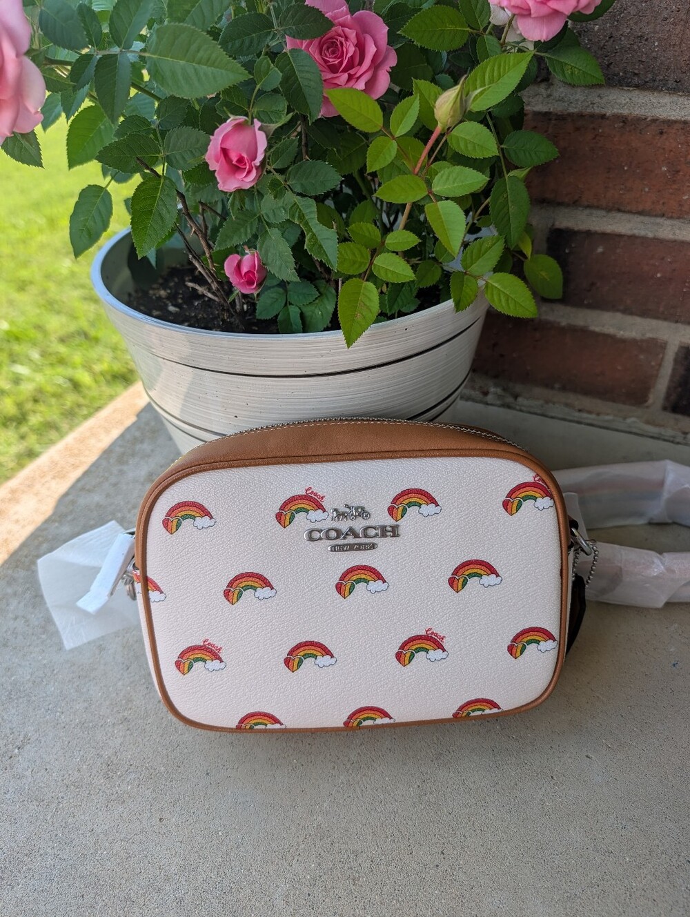 🥰NWT COACH CJ647 Mini Jamie Camera Crossbody Bag, Rainbow Print with Tan Trim